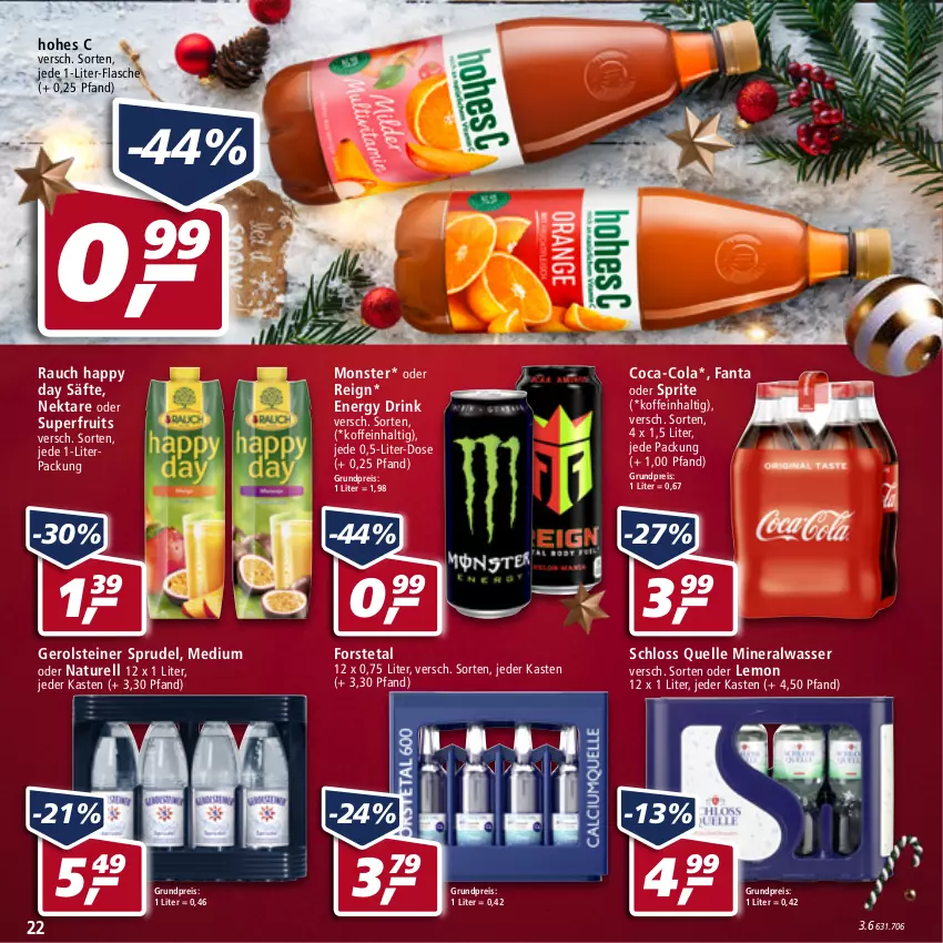 Aktueller Prospekt Real - Real Handzettel - von 20.12 bis 25.12.2021 - strona 22 - produkty: Alwa, coca-cola, cola, drink, eis, elle, energy drink, fanta, fanta oder, fanta oder sprite, flasche, Forstetal, gerolsteine, gerolsteiner, Happy Day, Hohes C, mineralwasser, monster, natur, Nektar, oder sprite, Rauch, reis, rel, säfte, sprite, Sprudel, steiner, Ti, wasser