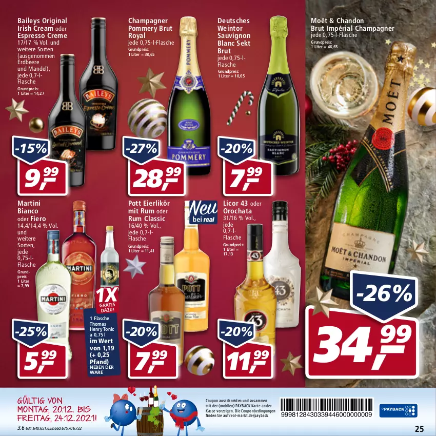 Aktueller Prospekt Real - Real Handzettel - von 20.12 bis 25.12.2021 - strona 25 - produkty: baileys, beere, brut, champagne, champagner, coupon, creme, eier, eierlikör, eis, erdbeere, espresso, flasche, gin, irish cream, licor, licor 43, likör, mandel, martini, oder espresso, Orochata, payback, reis, Ria, rum, sauvignon, sauvignon blanc, sekt, thomas henry, Ti, tonic, wein