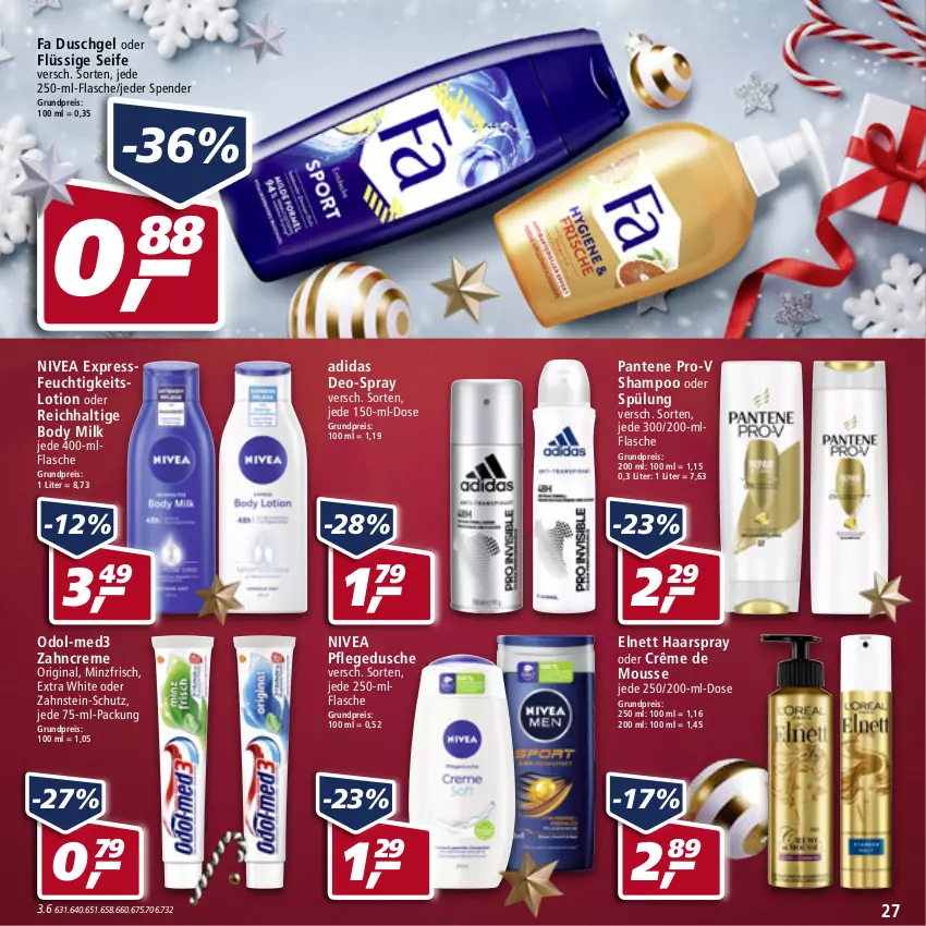 Aktueller Prospekt Real - Real Handzettel - von 20.12 bis 25.12.2021 - strona 27 - produkty: Adidas, body, body milk, creme, deo, dusche, duschgel, eis, elnett, fa duschgel, flasche, gin, haarspray, Lotion, mousse, nivea, Odol, pantene, pantene pro-v, pflegedusche, pro-v, reis, Seife, shampoo, shampoo oder spülung, spülung, Ti, zahncreme