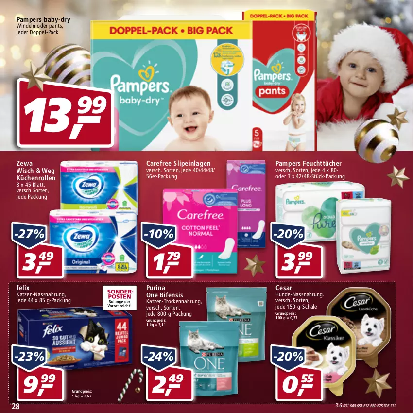 Aktueller Prospekt Real - Real Handzettel - von 20.12 bis 25.12.2021 - strona 28 - produkty: baby-dry, carefree, eis, felix, feuchttücher, küche, Küchen, küchenrolle, küchenrollen, Nassnahrung, pampers, Pants, purina, reis, Schal, Schale, slip, slipeinlagen, Trockennahrung, tücher, windeln, windeln oder pants, zewa