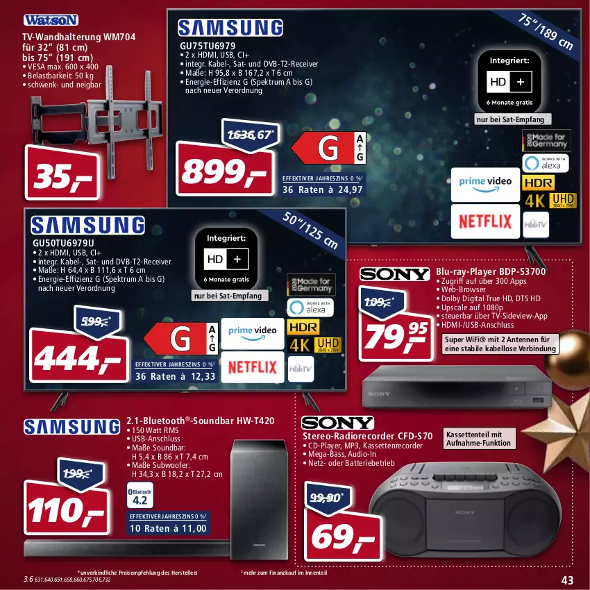 Aktueller Prospekt Real - Real Handzettel - von 20.12 bis 25.12.2021 - strona 43 - produkty: batterie, blu-ray, Dior, dvb, DVB-T, eis, elle, ente, HDMI, Kassettenrecorder, Mp3, Radio, Receiver, reis, rum, soundbar, Spektrum, Subwoofer, teller, Ti, usb, wandhalterung