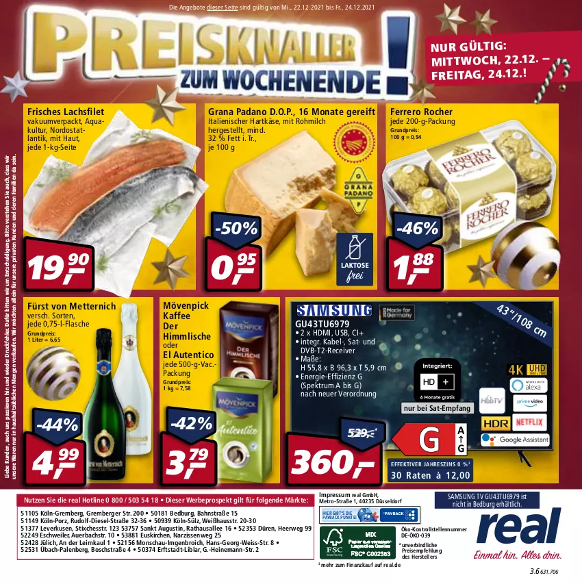 Aktueller Prospekt Real - Real Handzettel - von 20.12 bis 25.12.2021 - strona 56 - produkty: angebot, angebote, aqua, auer, Berger, bosch, Diesel, dvb, DVB-T, eis, elle, ferrero, Ferrero Rocher, filet, flasche, fürst von metternich, grana, grana padano, hartkäse, HDMI, italienischer hartkäse, kaffee, Käse, lachs, lachsfilet, LG, Metro, Mett, metternich, milch, mövenpick, mövenpick kaffee, Narzissen, padano, payback, Rana, Receiver, reis, rum, rwe, Samsung, Samsung TV, Spektrum, teller, Ti, usb