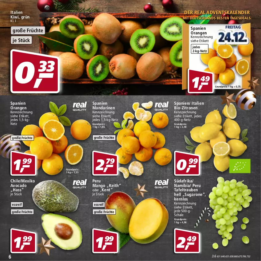 Aktueller Prospekt Real - Real Handzettel - von 20.12 bis 25.12.2021 - strona 6 - produkty: Adventskalender, avocado, bio, bio-zitronen, eis, früchte, kiwi, mandarine, mandarinen, mango, orange, orangen, reis, Schal, Schale, tafeltrauben, Ti, trauben, zitrone, zitronen