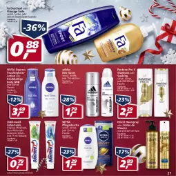 Gazetka promocyjna Real - Real Handzettel - Gazetka - ważna od 25.12 do 25.12.2021 - strona 27 - produkty: Adidas, body, body milk, creme, deo, dusche, duschgel, eis, elnett, fa duschgel, flasche, gin, haarspray, Lotion, mousse, nivea, Odol, pantene, pantene pro-v, pflegedusche, pro-v, reis, Seife, shampoo, shampoo oder spülung, spülung, Ti, zahncreme