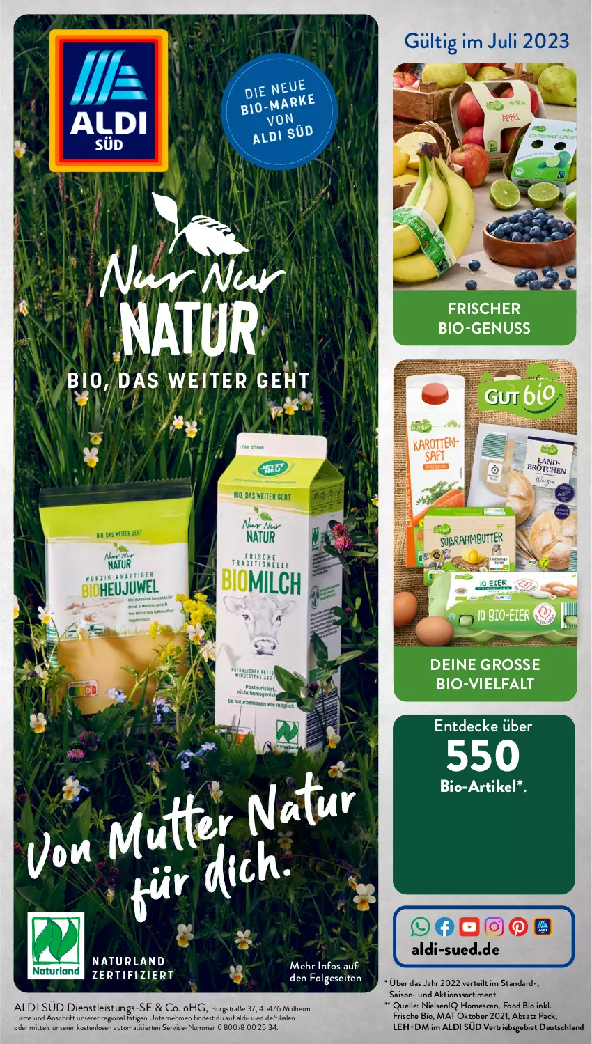 Aktueller Prospekt AldiSud - NUR NUR NATUR - BIO, DAS WEITER GEHT. - von 01.07 bis 31.07.2023 - strona 1 - produkty: aldi, auto, bio, decke, eis, elle, LG, nuss, Ti