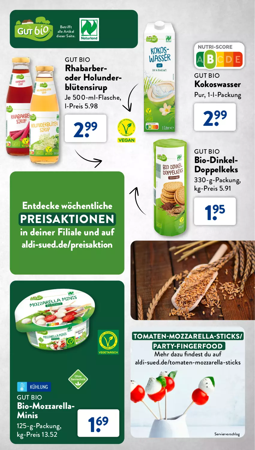 Aktueller Prospekt AldiSud - NUR NUR NATUR - BIO, DAS WEITER GEHT. - von 01.07 bis 31.07.2023 - strona 13 - produkty: aldi, bio, Blüte, decke, eis, flasche, holunder, holunderblüte, je 500-ml-flasche, keks, kokos, Kokoswasser, mozzarella, reis, rel, rhabarber, sirup, Ti, tomate, tomaten, wasser