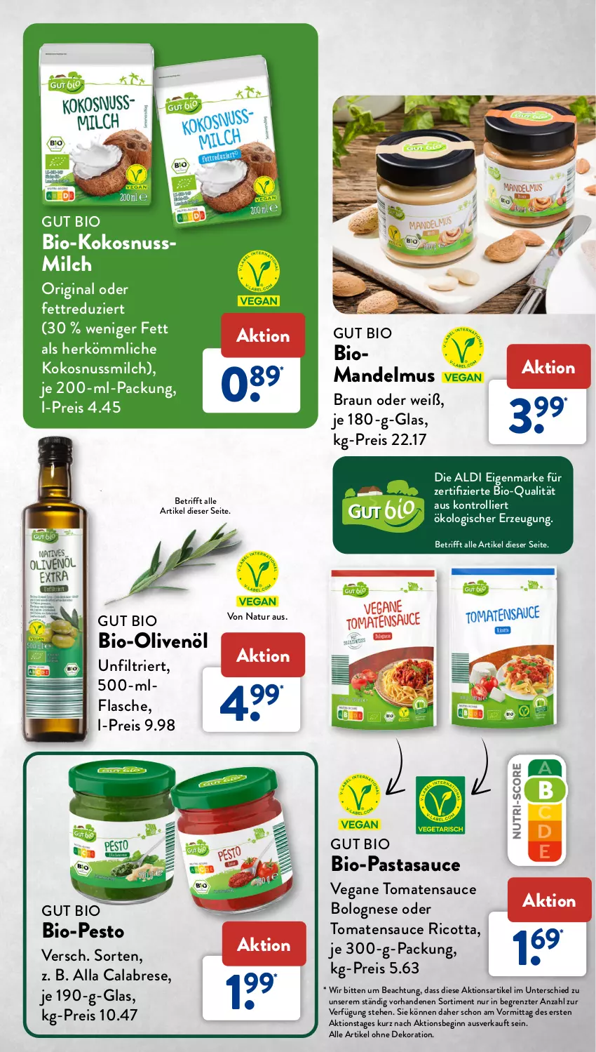 Aktueller Prospekt AldiSud - NUR NUR NATUR - BIO, DAS WEITER GEHT. - von 01.07 bis 31.07.2023 - strona 31 - produkty: aldi, alle artikel ohne dekoration, bio, Bio-Olivenöl, bolognese, braun, dekoration, eis, flasche, gin, kokos, kokosnuss, Kokosnussmilch, mandel, Mandelmus, milch, natur, nuss, olive, oliven, olivenöl, pasta, pesto, reis, ricotta, sauce, Ti, tomate, tomaten, tomatensauce, trolli, ZTE