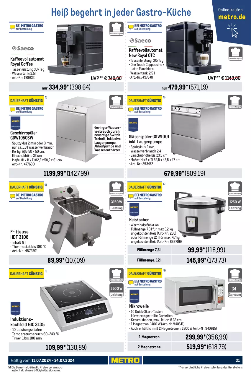 Aktueller Prospekt Metro - GastroJournal - von 11.07 bis 24.07.2024 - strona 31 - produkty: ACC, auer, auto, Behälter, Brei, Cap, cappuccino, chia, cin, eis, eismaschine, elle, fleisch, fritteuse, garraum, geschirr, geschirrspüler, Gläser, induktionskochfeld, kaffee, kaffeevollautomat, Kocher, kochfeld, kompressor, korb, küche, Küchen, latte, latte macchiato, mac, macchiato, messer, Metro, mikrowelle, Mixer, Rauch, reis, Ria, ring, stabmixer, tasse, teller, thermostat, Ti, timer, Vakuumierer, wasser, wasserenthärter, wassertank