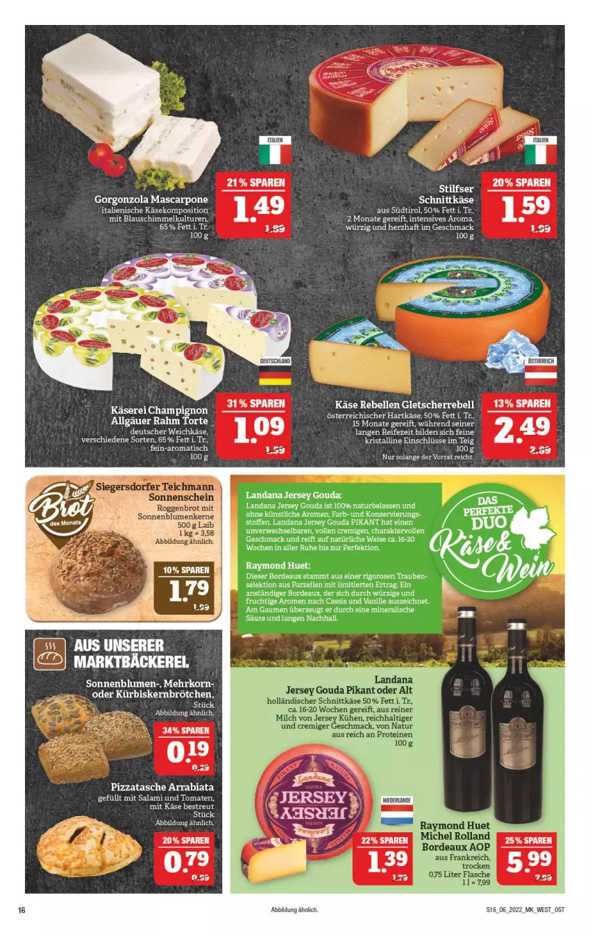 Aktueller Prospekt Marktkauf - Prospekt - von 06.02 bis 12.02.2022 - strona 16 - produkty: auer, blume, blumen, brötchen, cassis, champignon, deutscher weichkäse, eis, elle, frucht, gorgonzola, gouda, hartkäse, holländischer schnittkäse, HP, Käse, korn, Kürbis, Kürbiskernbrötchen, mac, mascarpone, natur, pizza, rebell, rosen, rwe, salami, schnittkäse, sonnenblume, sonnenblumen, Tasche, Ti, tisch, tomate, tomaten, torte, trauben, vanille, weichkäse