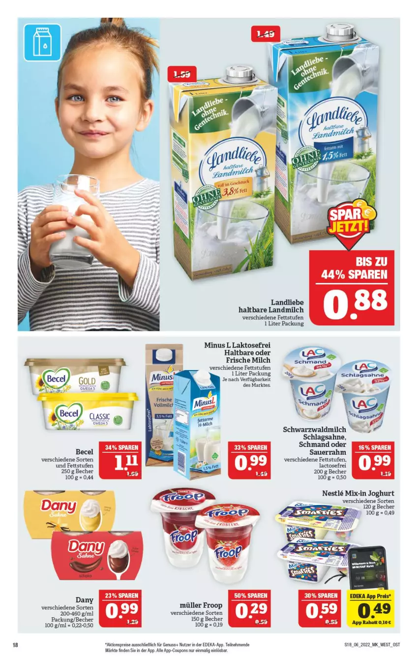 Aktueller Prospekt Marktkauf - Prospekt - von 06.02 bis 12.02.2022 - strona 18 - produkty: aktionspreis, auer, becel, Becher, coupon, coupons, Dany, deka, eis, frische milch, froop, joghur, joghurt, landliebe, landmilch, milch, Müller, müller froop, nuss, omega, reis, sahne, Sauerrahm, schlagsahne, schmand, Ti