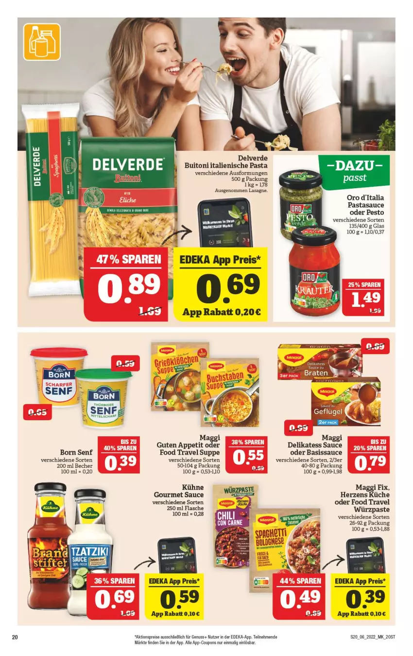 Aktueller Prospekt Marktkauf - Prospekt - von 06.02 bis 12.02.2022 - strona 20 - produkty: aktionspreis, Becher, buitoni, coupon, coupons, deka, delikatess sauce, eis, erde, flasche, hama, italienische pasta, küche, Kühne, lasagne, maggi, maggi fix, nuss, pasta, pesto, reis, sauce, senf, suppe, tee, Ti