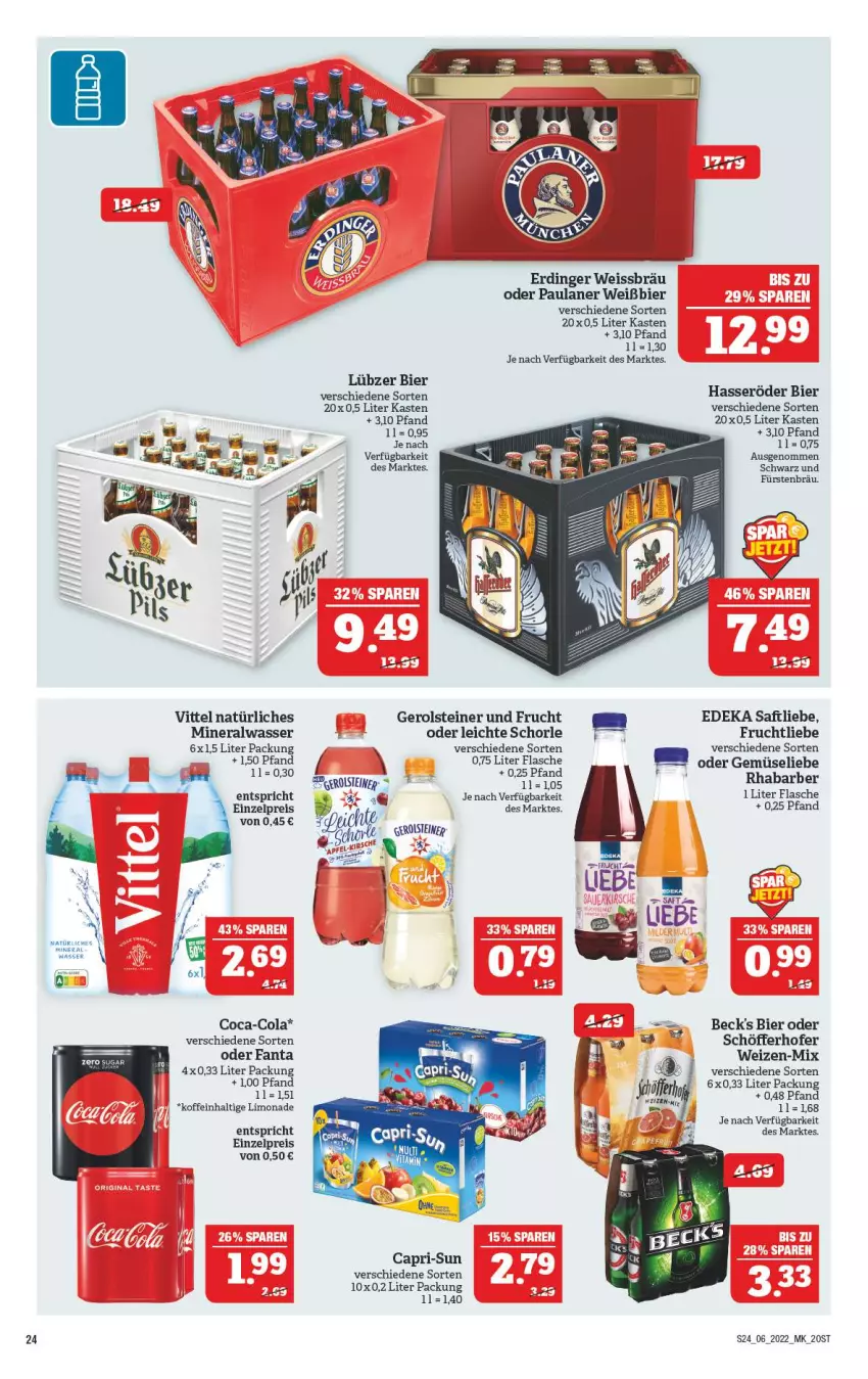 Aktueller Prospekt Marktkauf - Prospekt - von 06.02 bis 12.02.2022 - strona 24 - produkty: Alwa, beck's, bier, Cap, capri-sun, coca-cola, cola, deka, eis, erdinger, fanta, flasche, frucht, gerolsteine, gerolsteiner, hasseröder, limo, limonade, Lübzer, mineralwasser, natürliches mineralwasser, Paula, paulaner, reis, rhabarber, saft, schöfferhofer, schorle, steiner, Ti, vittel, wasser