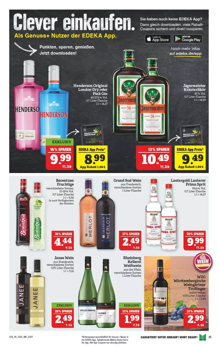 Aktueller Prospekt Marktkauf - Prospekt - von 06.02 bis 12.02.2022 - strona 25 - produkty: aktionspreis, berentzen, coupon, coupons, deka, eis, elle, enders, flasche, Germ, gin, grand sud, jägermeister, kräuter, kräuterlikör, likör, london dry, Meister, merl, merlot, Müller, Müller-Thurgau, nuss, reis, Ti, trolli, trollinger, wein, Weißwein