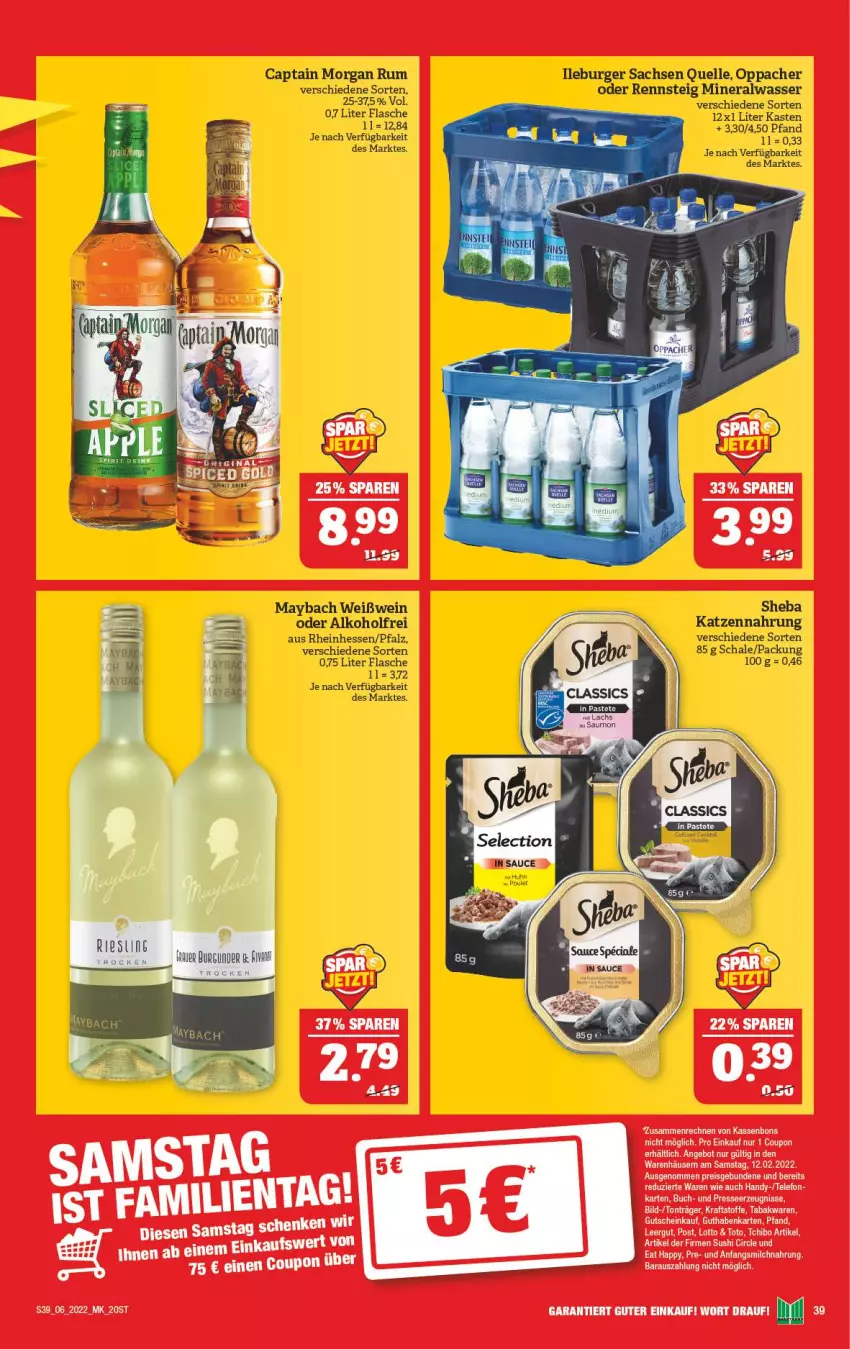 Aktueller Prospekt Marktkauf - Prospekt - von 06.02 bis 12.02.2022 - strona 39 - produkty: alkohol, Alwa, bett, buch, burger, Cap, captain morgan, coupon, eis, elle, flasche, guthabenkarte, gutschein, Handy, katzennahrung, kraft, maybach, mineralwasser, reis, rum, sac, Schal, Schale, sheba, Sushi, telefon, Ti, wasser, wein, Weißwein