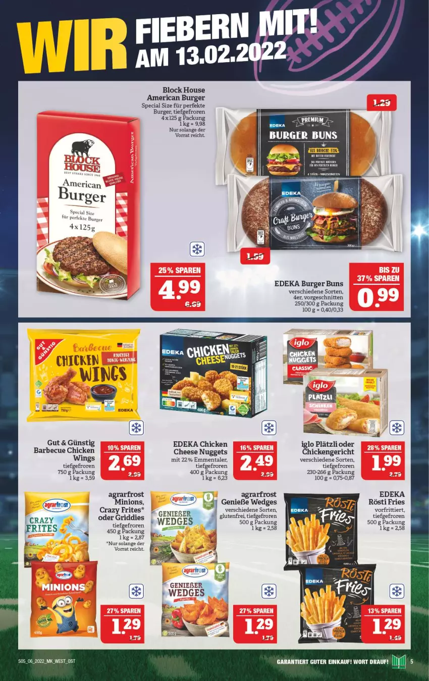 Aktueller Prospekt Marktkauf - Prospekt - von 06.02 bis 12.02.2022 - strona 5 - produkty: agrarfrost, barbecue, burger, burger buns, deka, emmentaler, Griddies, iglo, nuggets, schnitten, tee, Ti, wedges