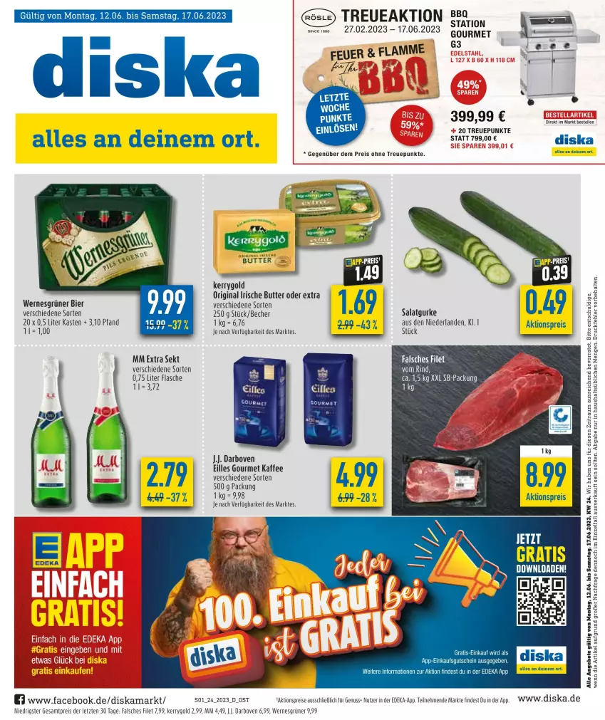 Aktueller Prospekt Diska - Prospekte - von 12.06 bis 17.06.2023 - strona 1 - produkty: aktionspreis, angebot, angebote, Becher, bier, butter, darbo, darboven, deka, eilles gourmet, eis, elle, Falsches Filet, filet, flasche, gin, gurke, gutschein, irische butter, kaffee, kerrygold, lamm, mm extra, nuss, reis, rind, salat, Salatgurke, sekt, Ti, ZTE