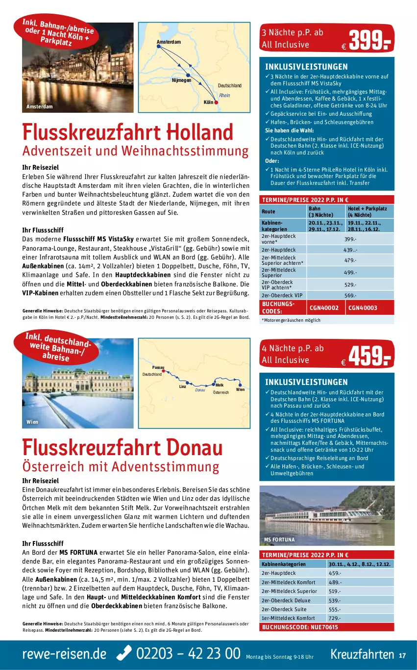 Aktueller Prospekt Rewe Reisen - Reiseprospekt - von 29.04 bis 27.05.2022 - strona 17 - produkty: auer, beleuchtung, bett, Betten, Brei, buch, deutschsprachige reiseleitung, dusche, eier, eis, elle, erde, fenster, flasche, getränk, getränke, grill, inklusivleistungen, kaffee, kreuzfahrten, Mode, Nordsee, obst, Persona, rama, reis, rel, rezept, rwe, sekt, snack, steak, tee, teller, Ti, uhr, usb, Weihnachtsbeleuchtung