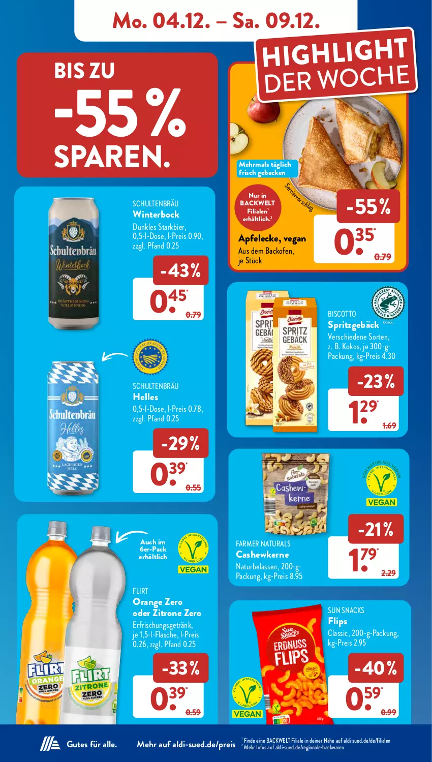 Aktueller Prospekt AldiSud - NÄCHSTE WOCHE - von 04.12 bis 09.12.2023 - strona 14 - produkty: aldi, apfel, backofen, backwaren, bier, biscotto, Cashew, cashewkerne, eis, elle, erfrischungsgetränk, flasche, geback, getränk, kokos, natur, natura, Ofen, orange, reis, snack, snacks, Spritzgebäck, Sun Snacks, zitrone