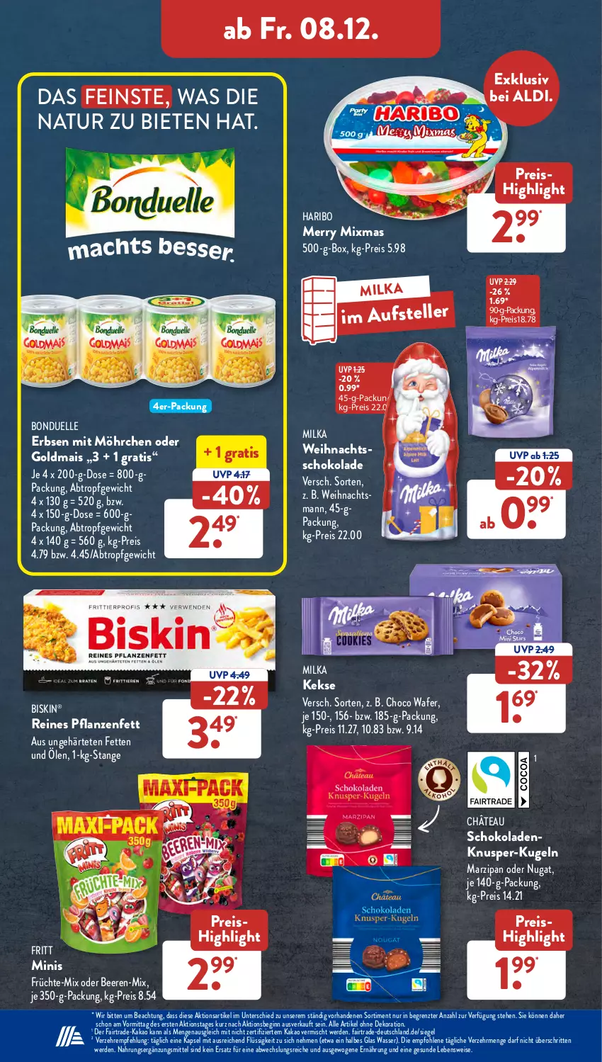 Aktueller Prospekt AldiSud - NÄCHSTE WOCHE - von 04.12 bis 09.12.2023 - strona 40 - produkty: aldi, alle artikel ohne dekoration, beere, beeren, bonduelle, dekoration, eis, elle, erbsen, erde, früchte, gin, Goldmais, haribo, kakao, keks, kekse, Kugel, mais, marzipan, milka, natur, pflanze, pflanzen, Pflanzenfett, reis, schoko, schokolade, schokoladen, teller, Ti, wasser, xmas, ZTE