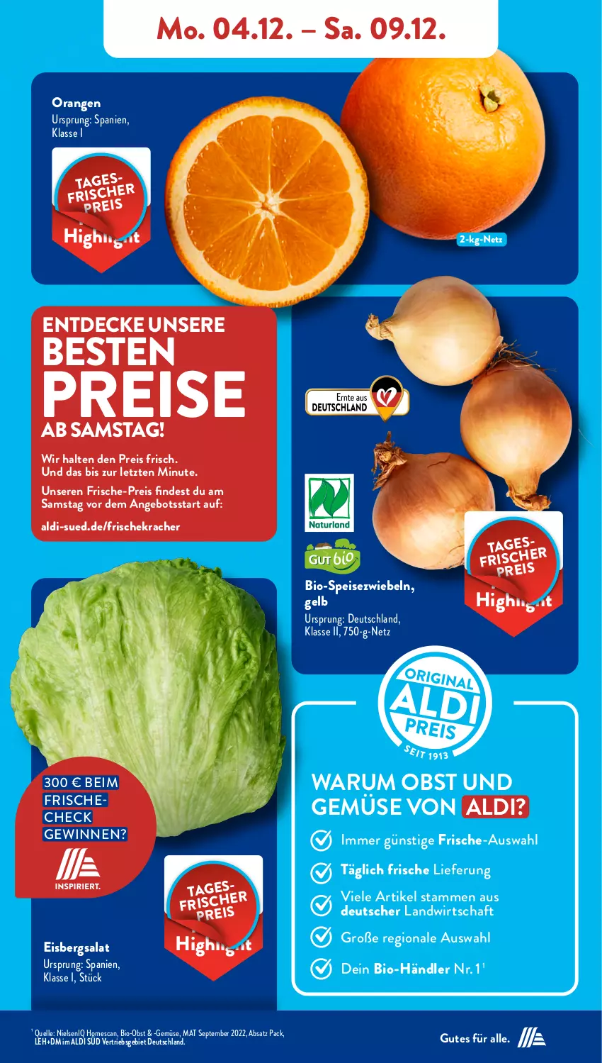 Aktueller Prospekt AldiSud - NÄCHSTE WOCHE - von 04.12 bis 09.12.2023 - strona 5 - produkty: aldi, angebot, bio, Bio-Obst, decke, eis, eisbergsalat, elle, kracher, obst, Obst und Gemüse, orange, orangen, reis, rum, salat, Speisezwiebeln, Ti, und gemüse, ZTE, zwiebel, zwiebeln