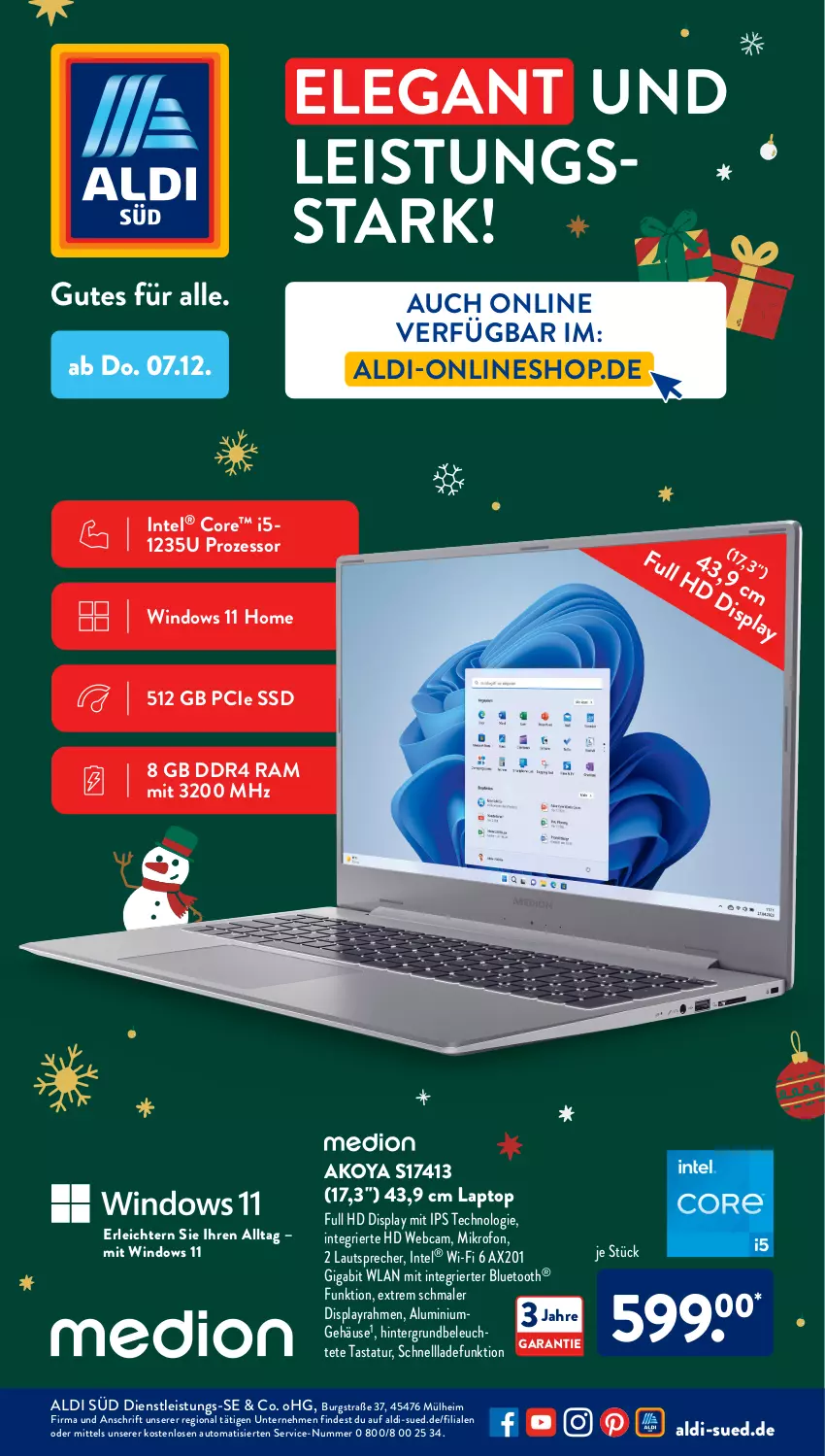 Aktueller Prospekt AldiSud - NÄCHSTE WOCHE - von 04.12 bis 09.12.2023 - strona 57 - produkty: aldi, auto, eis, Hintergrundbeleuchtete Tastatur, Intel, Laptop, lautsprecher, Leuchte, schnellladefunktion, ssd, Tastatur, Ti