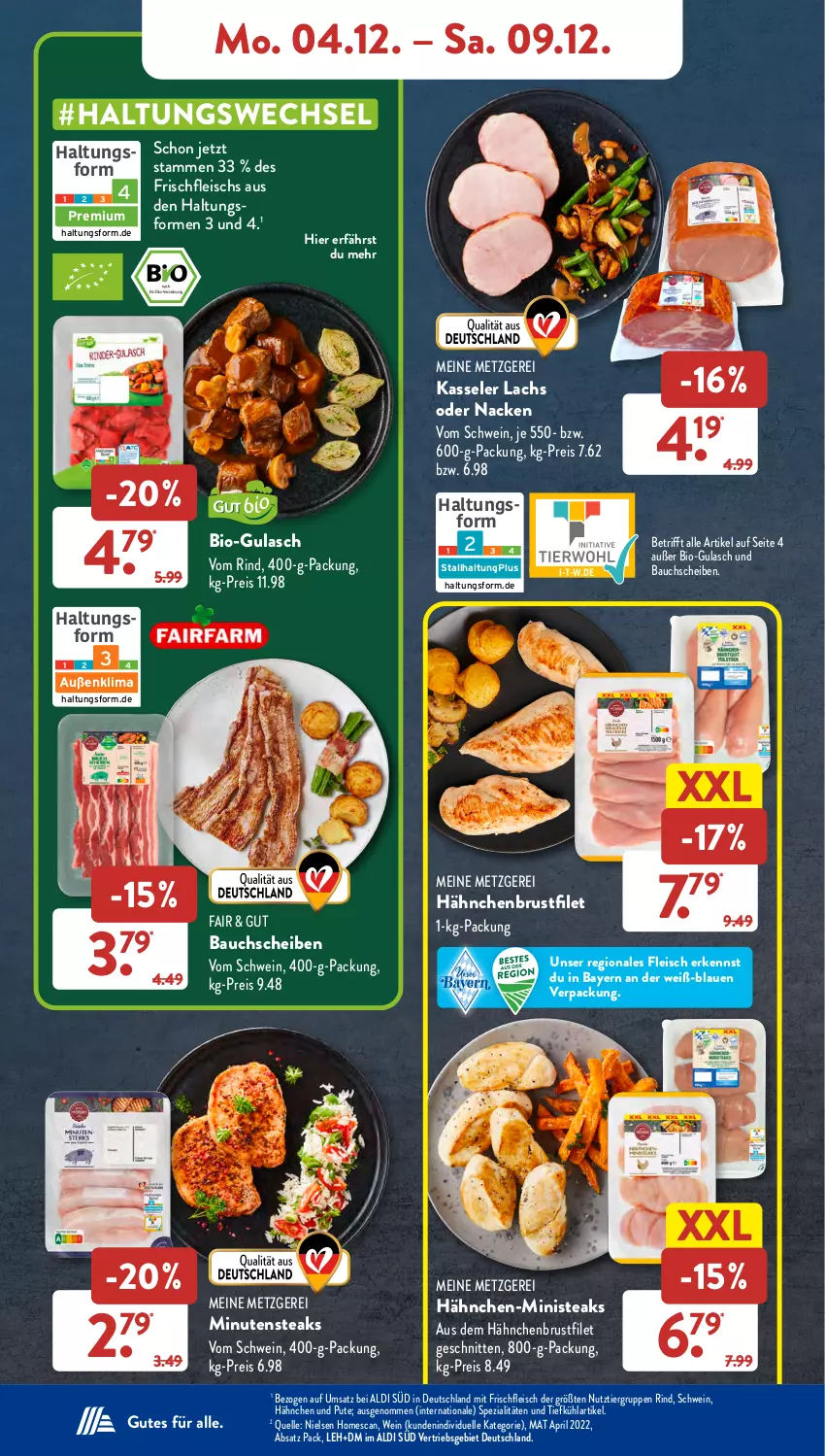 Aktueller Prospekt AldiSud - NÄCHSTE WOCHE - von 04.12 bis 09.12.2023 - strona 6 - produkty: aldi, Bau, bauchscheiben, bio, brustfilet, eis, elle, filet, fleisch, gsw, gulasch, hähnchenbrust, hähnchenbrustfilet, kasseler, lachs, minutensteaks, pril, pute, reis, rind, schnitten, schwein, Spezi, steak, steaks, Ti, wein