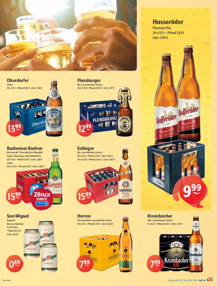 Aktueller Prospekt Getraenke Hoffmann - Prospekte - von 07.02 bis 12.02.2022 - strona 9 - produkty: alkohol, Altenmünster, bier, budweiser, burger, carlsberg, eis, elle, erdinger, flensburger, hasseröder, kirsch, krombache, krombacher, malz, natur, pils, premium pils, radler, schöfferhofer, Stiegl, Ti, tyskie