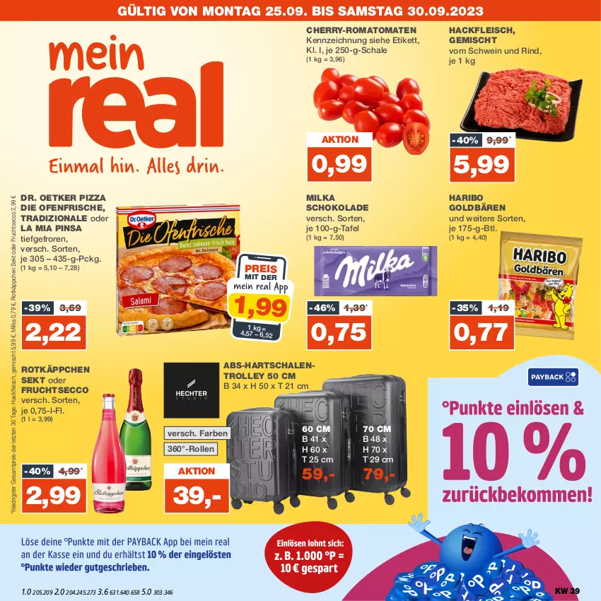 Aktueller Prospekt Real - von 25.09 bis 30.09.2023 - strona 1 - produkty: die ofenfrische, Dr. Oetker, ecco, eis, fleisch, frucht, fruchtsecco, goldbären, hackfleisch, haribo, milka, milka schokolade, Ofen, pizza, reis, rind, Romatomaten, rotkäppchen, Schal, Schale, schoko, schokolade, schwein, schwein und rind, sekt, Ti, tomate, tomaten, tradizionale, trolley, vom schwein und rind, wein, ZTE