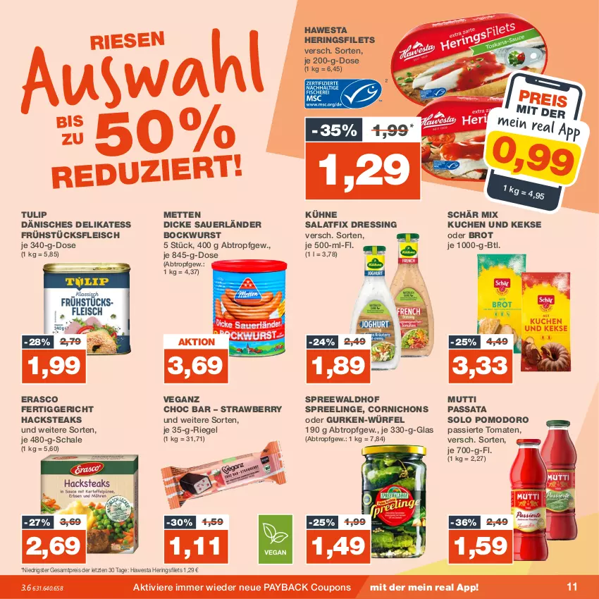 Aktueller Prospekt Real - von 25.09 bis 30.09.2023 - strona 11 - produkty: auer, bockwurst, brot, coupon, coupons, Dicke Sauerländer Bockwurst, dressing, eis, erasco, fertiggericht, filet, filets, fleisch, frühstücksfleisch, gurke, gurken, hawesta, hering, Herings, heringsfilets, keks, kekse, kuchen, Kühne, Mett, metten, Mutti, payback, reis, riegel, ring, salat, Schal, Schale, spreewaldhof, steak, steaks, Ti, tomate, tomaten, tulip, würfel, wurst, ZTE