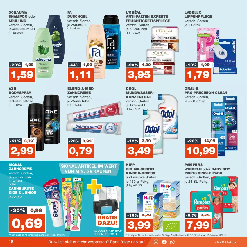 Aktueller Prospekt Real - von 25.09 bis 30.09.2023 - strona 18 - produkty: anti-falten experte, axe, bio, blend-a-med, body, bodyspray, Brei, bürste, creme, dove, duschgel, eis, fa duschgel, feuchtigkeitspflege, hipp, Kinder, Labello, LG, Lippenpflege, milch, mundwasser, Odol, oral-b, pampers, Pants, precision clean, reis, schauma, schauma shampoo, shampoo, shampoo oder spülung, Signal, spülung, Ti, topf, wasser, windeln, zahnbürste, zahncreme, ZTE