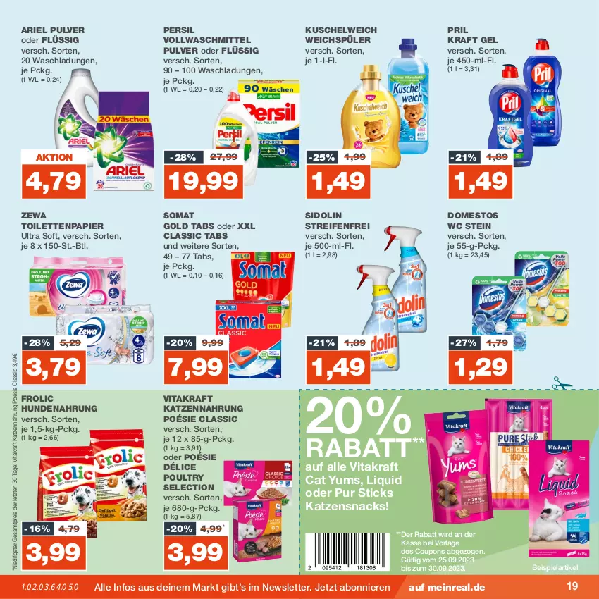 Aktueller Prospekt Real - von 25.09 bis 30.09.2023 - strona 19 - produkty: ariel, coupon, coupons, domestos, eis, frolic, hundenahrung, katzennahrung, katzensnack, katzensnacks, kraft, Kuschelweich, papier, persil, pril, reifen, reis, sidolin, snack, snacks, somat, Ti, toilettenpapier, vita, vitakraft, vollwaschmittel, waschmittel, weichspüler, zewa, ZTE