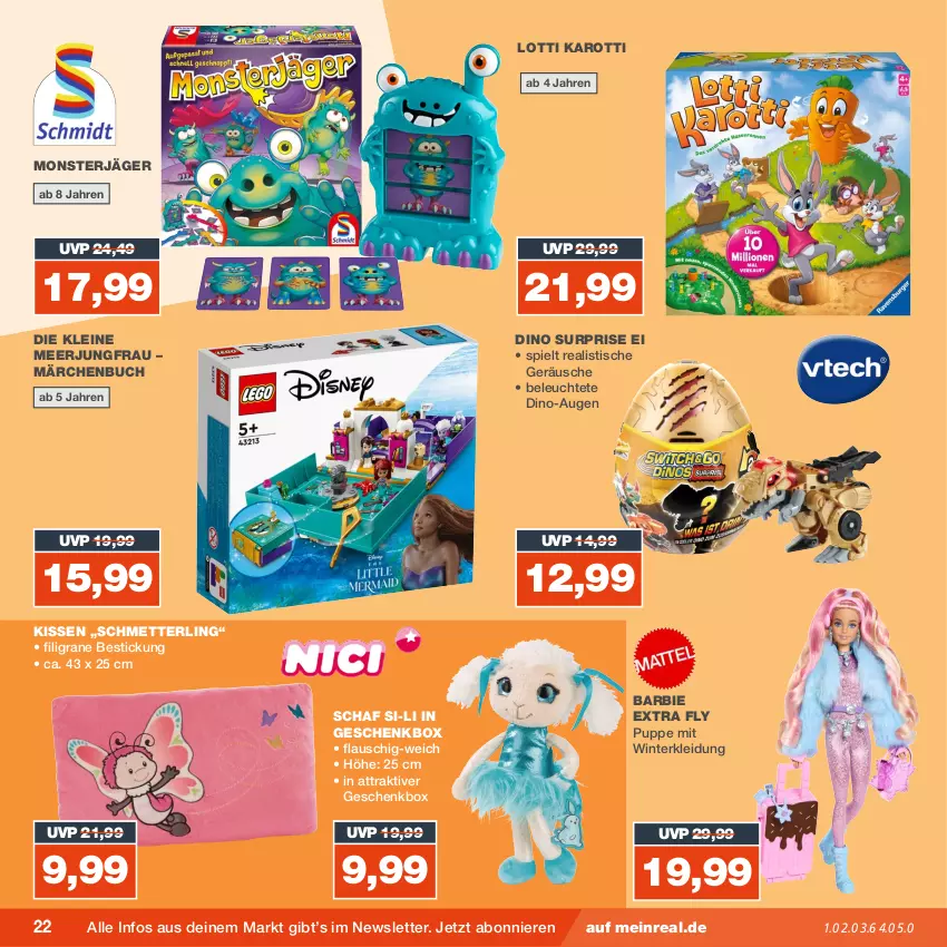 Aktueller Prospekt Real - von 25.09 bis 30.09.2023 - strona 22 - produkty: Barbie, buch, Geschenkbox, Jungfrau, kissen, kleid, Kleidung, leine, Leuchte, Mett, monster, Puppe, Schmetterling, Ti, tisch