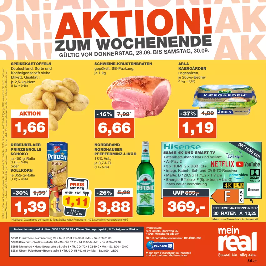 Aktueller Prospekt Real - von 25.09 bis 30.09.2023 - strona 28 - produkty: arla, Becher, bosch, braten, debeukelaer, dvb, DVB-T, eis, elle, ente, HDMI, kartoffel, kartoffeln, korn, krustenbraten, LG, likör, Narzissen, nordbrand, pfeffer, prinzenrolle, Receiver, reis, rum, rwe, salz, schoko, schwein, schweine, speisekartoffeln, Spektrum, Ti, uhd, usb, wein, weine, ZTE