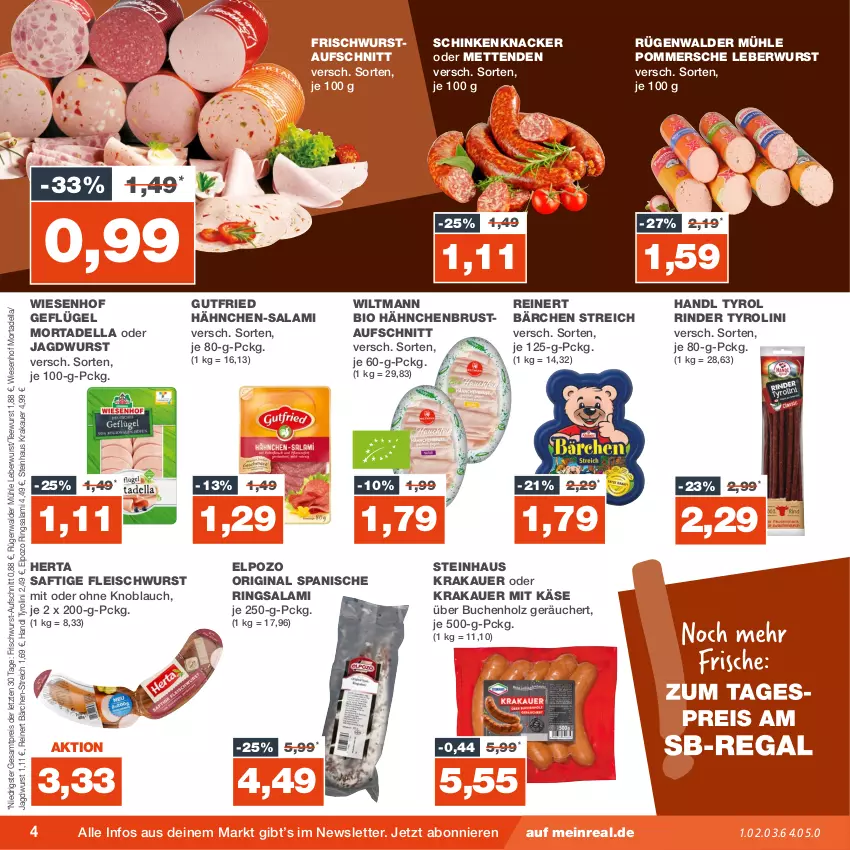 Aktueller Prospekt Real - von 25.09 bis 30.09.2023 - strona 4 - produkty: auer, aufschnitt, bio, buch, dell, eis, fleisch, fleischwurst, frischwurst-aufschnitt, Geflügel, gin, gutfried, hähnchenbrust, herta, Holz, jagdwurst, Käse, knacker, knoblauch, krakauer, leberwurst, Mett, metten, Mettenden, mit oder ohne knoblauch, mortadella, Pommersche, reinert, reis, rind, rinder, ring, rügenwalder, rügenwalder mühle, saft, salami, schinken, steinhaus, tee, teewurst, Ti, wiesenhof, wiltmann, wurst, ZTE