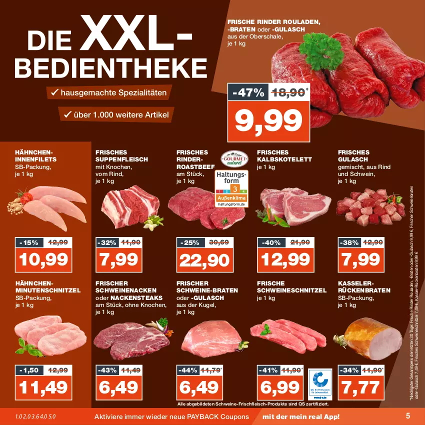 Aktueller Prospekt Real - von 25.09 bis 30.09.2023 - strona 5 - produkty: beef, braten, coupon, coupons, eis, filet, filets, fleisch, gulasch, kalbskotelett, kasseler, kotelett, Kugel, minutenschnitzel, Nackensteak, nackensteaks, payback, reis, rind, rinder, roastbeef, rouladen, Rückenbraten, Schal, Schale, schnitzel, schwein, schweine, schweinebraten, schweinenacken, schweineschnitzel, steak, steaks, suppe, suppen, suppenfleisch, Ti, wein, weine, ZTE