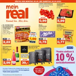 Gazetka promocyjna Real - Gazetka - ważna od 30.09 do 30.09.2023 - strona 1 - produkty: die ofenfrische, Dr. Oetker, ecco, eis, fleisch, frucht, fruchtsecco, goldbären, hackfleisch, haribo, milka, milka schokolade, Ofen, pizza, reis, rind, Romatomaten, rotkäppchen, Schal, Schale, schoko, schokolade, schwein, schwein und rind, sekt, Ti, tomate, tomaten, tradizionale, trolley, vom schwein und rind, wein, ZTE