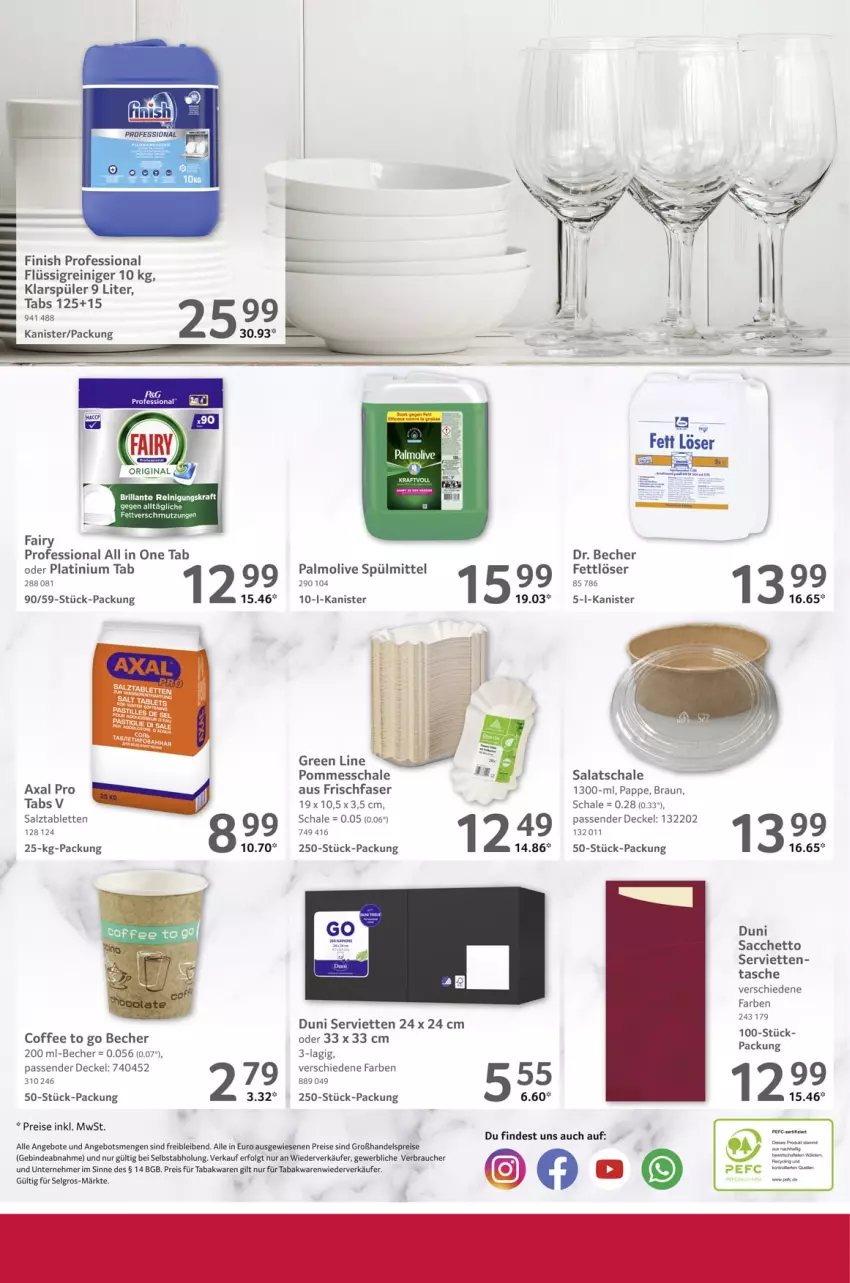 Aktueller Prospekt Selgros - Gastrokatalog - von 20.02 bis 05.03.2025 - strona 16 - produkty: ACC, angebot, angebote, Becher, braun, decke, Deckel, duni, eis, elle, fairy, Fettlöser, Finish, klarspüler, kraft, LG, olive, palmolive, pommes, Rauch, reiniger, Reinigung, reis, sac, salat, salz, Schal, Schale, Serviette, servietten, spülmittel, tablet, tablett, Tablette, Tasche, Ti