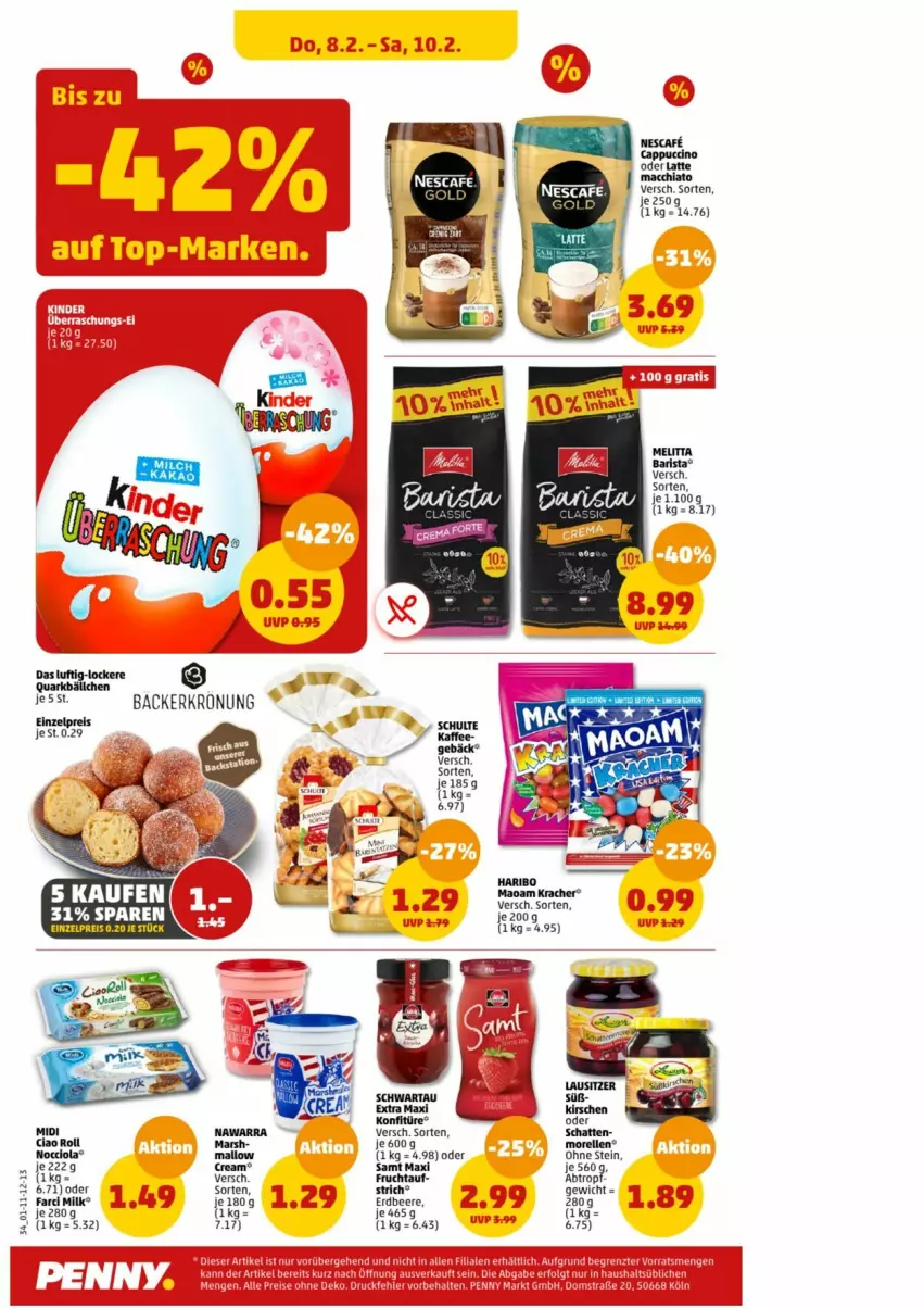 Aktueller Prospekt Penny - Prospekte - von 05.02 bis 10.02.2024 - strona 1 - produkty: beere, Cap, cappuccino, cin, eis, elle, erdbeere, frucht, konfitüre, kracher, latte, morellen, nescafe, reis, rel, Schwartau, Ti