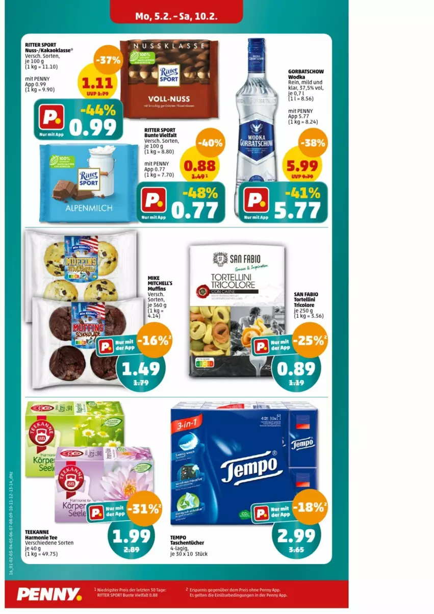 Aktueller Prospekt Penny - Prospekte - von 05.02 bis 10.02.2024 - strona 17 - produkty: alpenmilch, bio, Gorbatschow, kakao, milch, nuss, ritter, ritter sport, Sport, Tasche, taschen, taschentücher, tee, Tempo, torte, tortellini, tricolore, tücher