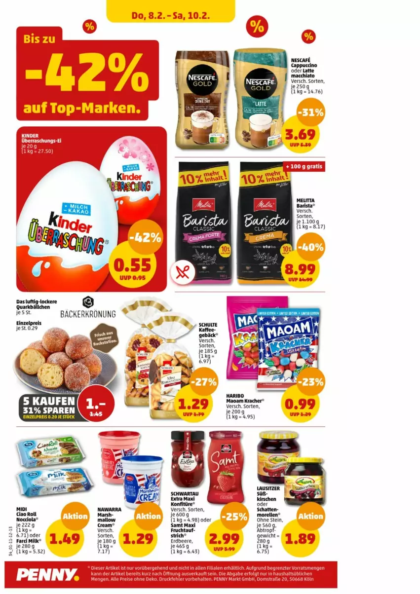 Aktueller Prospekt Penny - Prospekte - von 05.02 bis 10.02.2024 - strona 35 - produkty: ACC, beere, Cap, cappuccino, cin, eis, elle, erdbeere, frucht, haribo, konfitüre, latte, mac, maoam, mars, morellen, nescafe, reis, rel, Schwartau, Ti