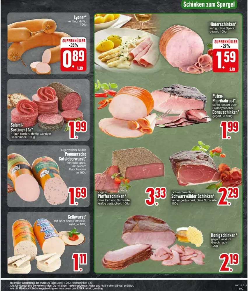 Aktueller Prospekt Edeka - Prospekte - von 15.04 bis 20.04.2024 - strona 15 - produkty: deka, eis, hinterschinken, lyoner, mac, paprika, petersilie, reis, salami, schinken, schwarzwälder schinken, Ti, Yo, ZTE