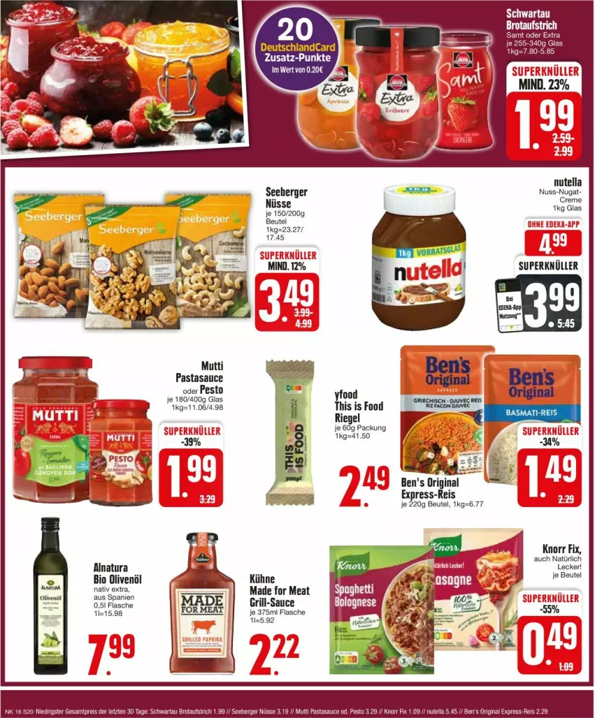 Aktueller Prospekt Edeka - Prospekte - von 15.04 bis 20.04.2024 - strona 20 - produkty: Berger, beutel, bio, deka, deutschlandcard, eis, express-reis, flasche, gin, grill, knorr, knorr fix, Kühne, Mutti, natur, natura, nuss, nutella, olive, oliven, olivenöl, pasta, pesto, reis, riegel, sauce, seeberger, Ti