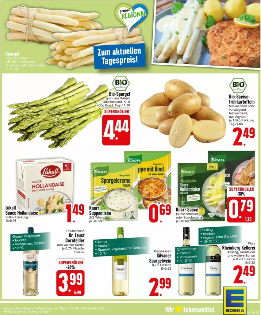 Aktueller Prospekt Edeka - Prospekte - von 15.04 bis 20.04.2024 - strona 21 - produkty: aust, beutel, bio, deka, dornfelder, eis, elle, feinschmecker, flasche, Frühkartoffeln, hollandaise, kartoffel, kartoffeln, knorr, lukull, reis, riesling, sauce, sauce hollandaise, silvaner, spargel, suppe, suppen, suppenliebe, teller, wein