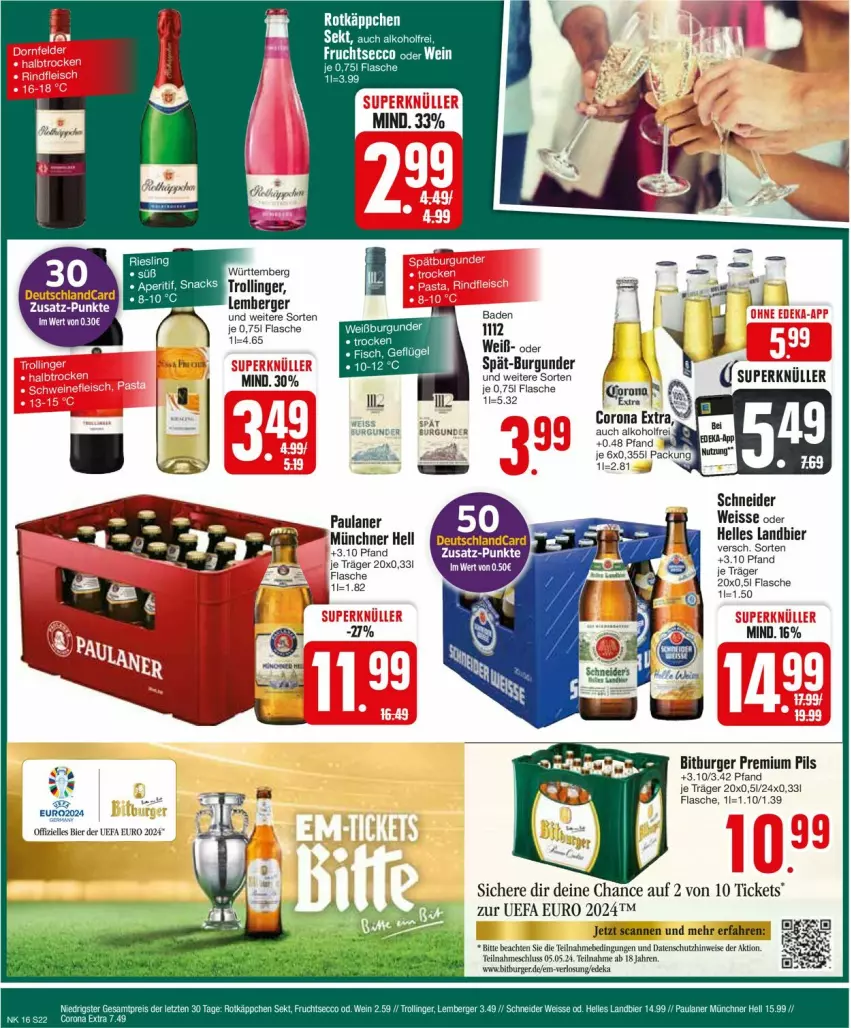 Aktueller Prospekt Edeka - Prospekte - von 15.04 bis 20.04.2024 - strona 22 - produkty: alkohol, Bad, Berger, bier, bitburger, burger, burgunder, corona, corona extra, deka, eis, elle, erde, flasche, Paula, paulaner, pils, premium pils, rotkäppchen, Ti