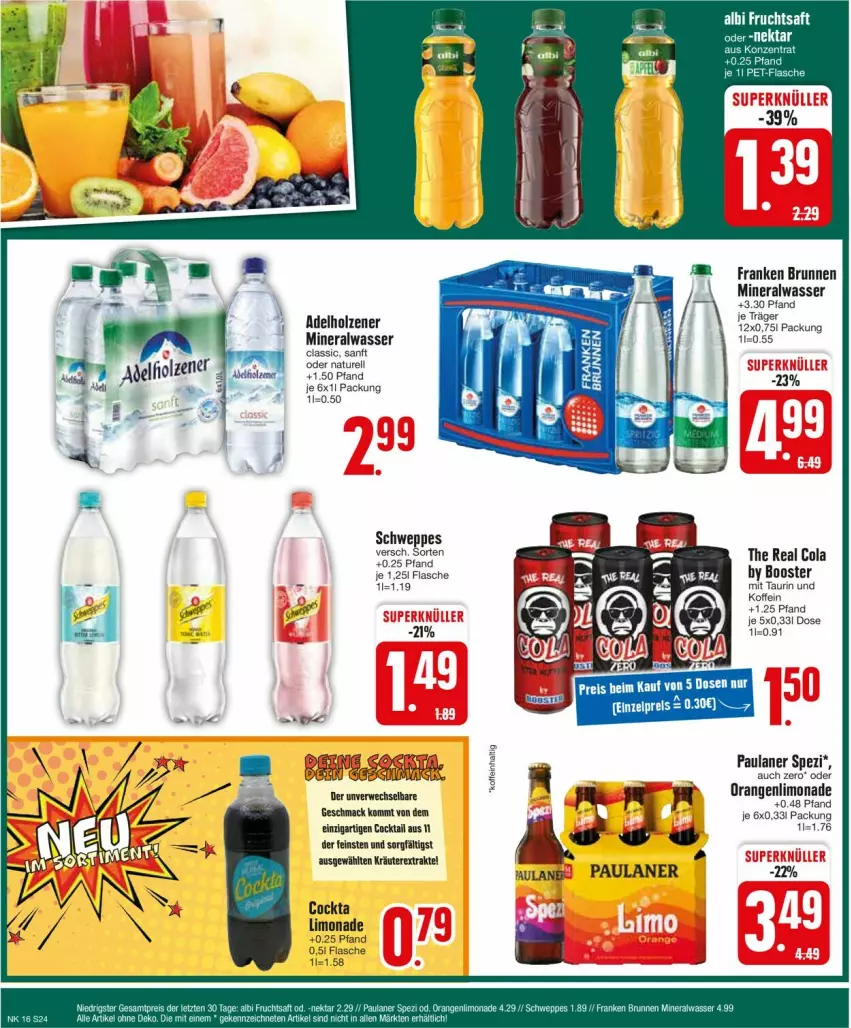 Aktueller Prospekt Edeka - Prospekte - von 15.04 bis 20.04.2024 - strona 24 - produkty: adelholzener, Alwa, brunnen, cocktail, cola, flasche, franken brunnen, Holz, kräuter, LG, limo, limonade, mac, mineralwasser, Mineralwasser Classic, natur, orange, orangen, Paula, paulaner, rel, rwe, schweppes, Spezi, tee, Ti, wasser