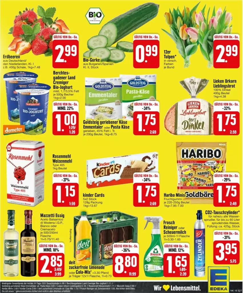 Aktueller Prospekt Edeka - Prospekte - von 15.04 bis 20.04.2024 - strona 27 - produkty: aceto, aceto balsamico, balsam, balsamico, Becher, beere, beeren, beutel, bio, bio-joghurt, emmentaler, erdbeere, erdbeeren, essig, flasche, Frosch, frucht, fruchtgummi, Heu, joghur, joghurt, Käse, Kinder, LG, mac, mehl, milch, Mode, pasta, reiniger, rosen, Rosenmehl, Schal, Schale, scheuermilch, Sprudel, Ti, type 405, wasser, weizenmehl