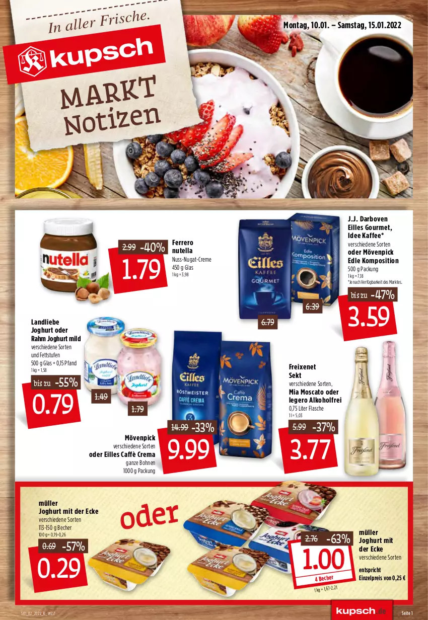 Aktueller Prospekt Kupsch - Angebote der Woche - von 10.01 bis 15.01.2022 - strona 3 - produkty: alkohol, Becher, bohne, bohnen, caffè crema, creme, darbo, darboven, eilles gourmet, eis, ferrero, flasche, freixenet, joghur, joghurt, joghurt mild, joghurt mit der ecke, kaffee, landliebe, landliebe joghurt, mövenpick, Müller, nuss, nuss-nugat-creme, nutella, reis, sekt, Ti