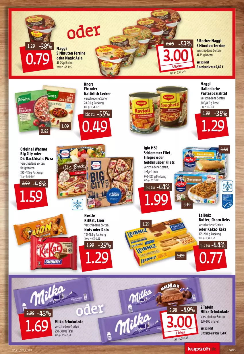 Aktueller Prospekt Kupsch - Angebote der Woche - von 10.01 bis 15.01.2022 - strona 7 - produkty: Becher, butter, eis, filegro, filet, filets, gin, iglo, italienische pasta, kakao, keks, kitkat, knorr, knorr fix, leibniz, lion, maggi, milka, milka schokolade, nestlé, original wagner, pasta, pizza, reis, schoko, schokolade, Spezi, terrine, Ti, wagner