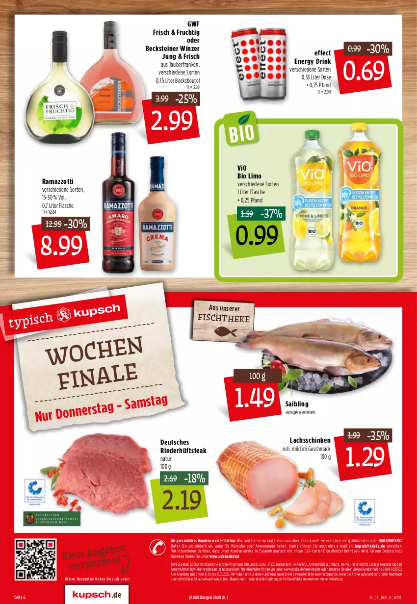 Aktueller Prospekt Kupsch - Angebote der Woche - von 10.01 bis 15.01.2022 - strona 8 - produkty: angebot, angebote, becks, becksteiner, beutel, bio, bio limo, deka, drink, Effect, eis, energy drink, ente, fisch, fischtheke, flasche, frucht, hüftsteak, lachs, lachsschinken, limo, mac, natur, rama, ramazzott, ramazzotti, rind, rinder, ring, sac, Saibling, schinken, steak, steiner, telefon, Ti, vio bio limo, zott