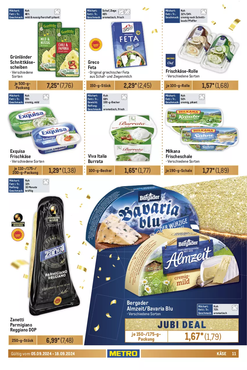 Aktueller Prospekt Metro - Food-NonFood - von 05.09 bis 18.09.2024 - strona 11 - produkty: aufschnitt, bavaria blu, Becher, bergader, bratwurst, Burrata, coupon, exquisa, exquisa frischkäse, feta, finesse, frischkäse, gin, grünländer, herta, herta finesse, houdek, kabanos, Käse, käsescheiben, mac, milch, milka, milkana, nuss, parmigiano, parmigiano reggiano, pfeffer, prosciutto, prosciutto cotto, reggiano, Ria, salsiccia, Schal, Schale, schnitten, schnittkäse, schnittkäsescheiben, schnittlauch, schnitzel, Speck, Ti, tisch, weber, wiener, wiener würstchen, wurst, würstchen